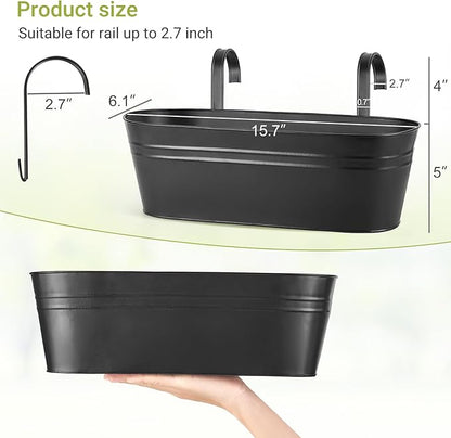 Dahey 4 Pcs Metal Hanging Flower Pots for Railing Fence Outdoor Planter 15.7 Inch Hanging Bucket Pots Countryside Window Flower Plant Holder with Detachable Hooks for Garden Yard Home Decor,Black