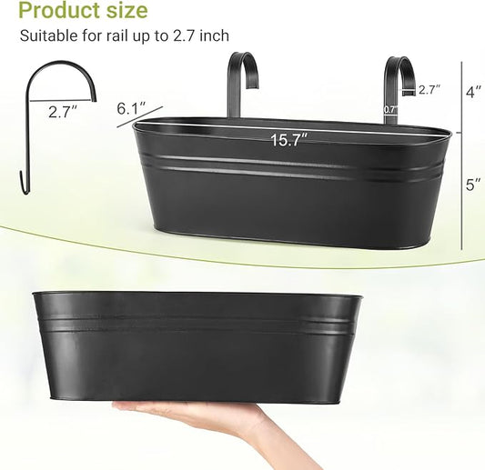 Dahey 4 Pcs Metal Hanging Flower Pots for Railing Fence Outdoor Planter 15.7 Inch Hanging Bucket Pots Countryside Window Flower Plant Holder with Detachable Hooks for Garden Yard Home Decor,Black