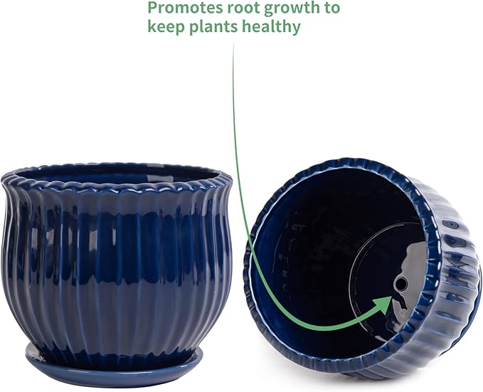 Ceramic Flower Pots, Ceramic Planters with Drainage Hole and Saucer, Modern Round Ceramic Succulent Plant Pots with Stripe Texture, Small to Medium Sized, Set of 3, Navy Blue