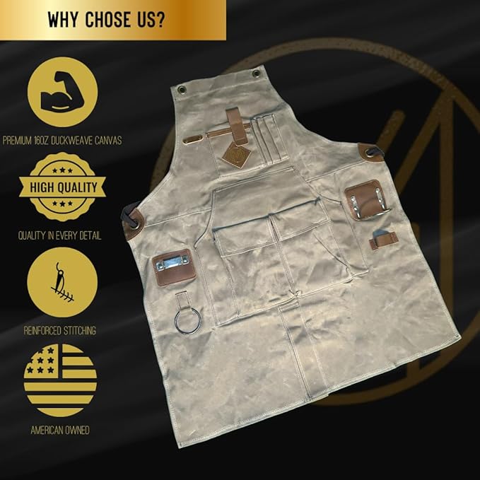 Mt Diablo 16oz - Woodworking Apron - Work Apron with Duck Weave Paraffin Waxed Canvas, Genuine Leather - Fits XS-XL