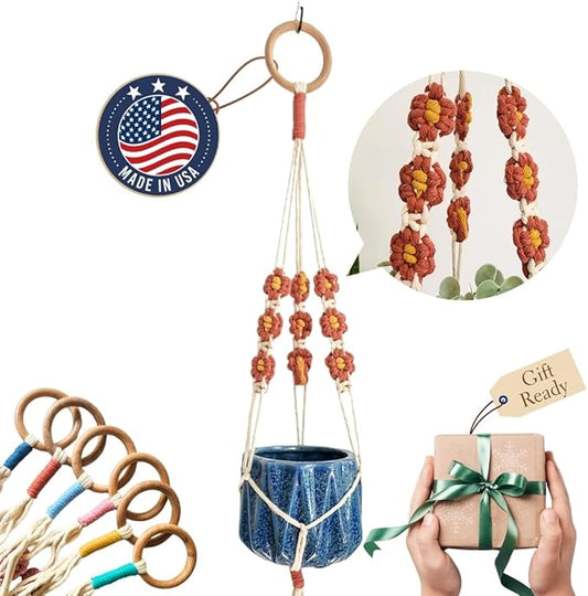 Macrame plant hanger with Daisies | Hanging plant holder | Macrame Plant hangers outdoor and indoor hanging planters Plant stand indoor Boho Decor hanging planter stand/plant shelf (Cafe Latte)