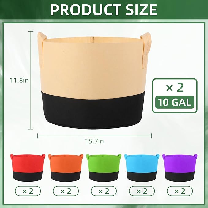 12 Pack 10 Gallon Grow Bags Colorful Fabric Plant Pots with Handles 10 Gal Garden Grow Bags Fabric Grow Pots Plant Growing Bags Vegetable Planting Bags for Garden and Outdoor (10 Gallon)