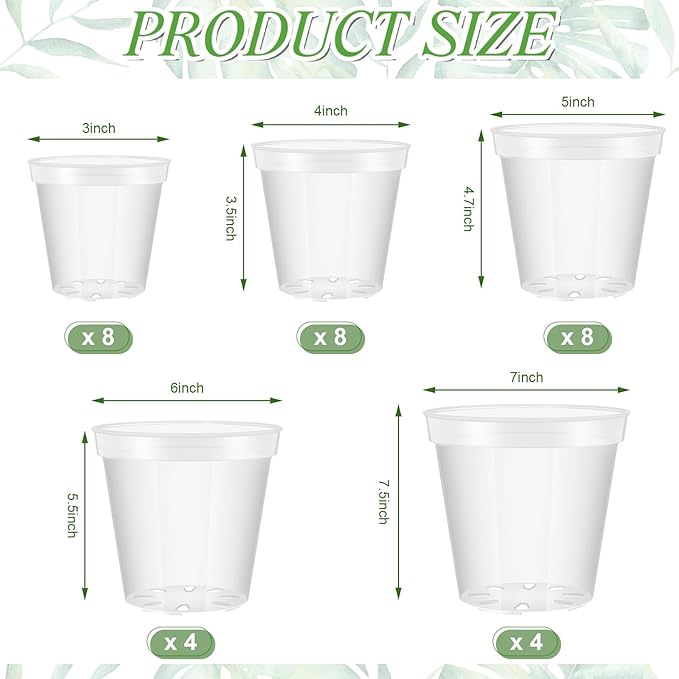 Vesici 32 Pcs 3/4/5/6/7 Inch Large Size Clear Nursery Pots Variety Pack Plant Pots with Drainage Holes Planters for Indoor Plants Flexible Transparent Plastic Plant Bottle Succulents