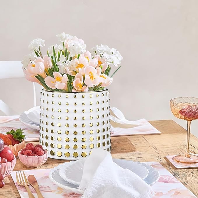 Ceramic Plant Pots Indoor, 5.7 Inch Planters for Indoor Plants Gold Polka Dots Flower Pots with Drainage Hole, Cylinder Round Planters, Gold and White