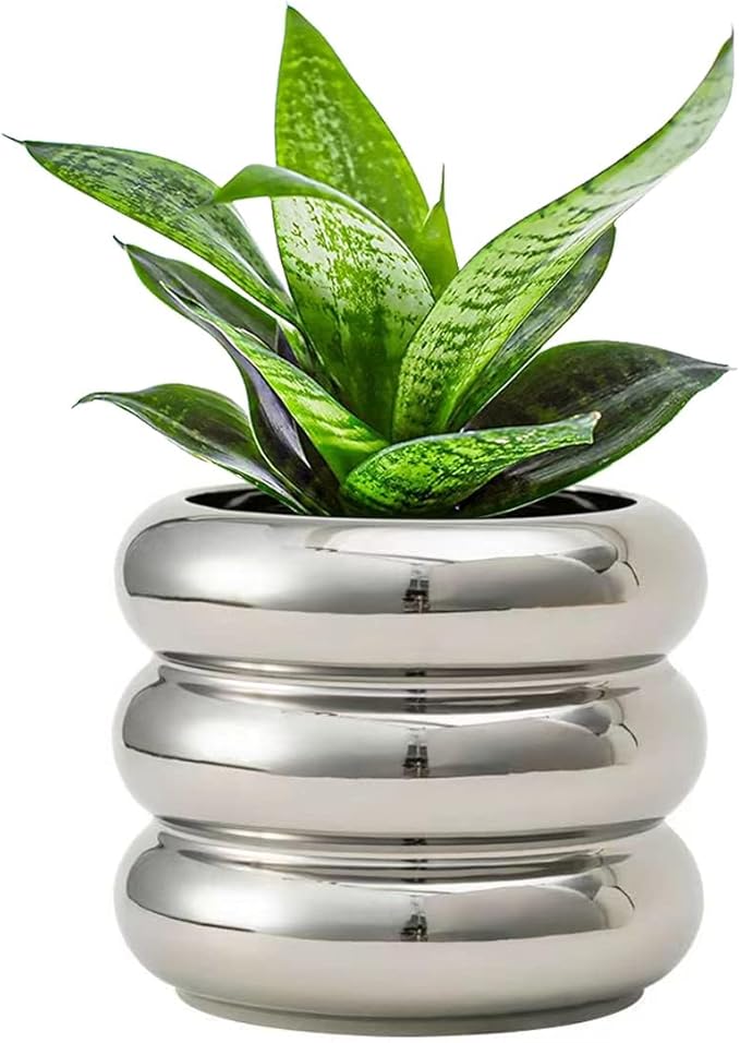 Ceramic Plant Pot Indoor, 4.5 Inch Flower Pot with Drainage Hole, Small Bubble Design Ceramic Planter for Home & Office Decor (Silver)