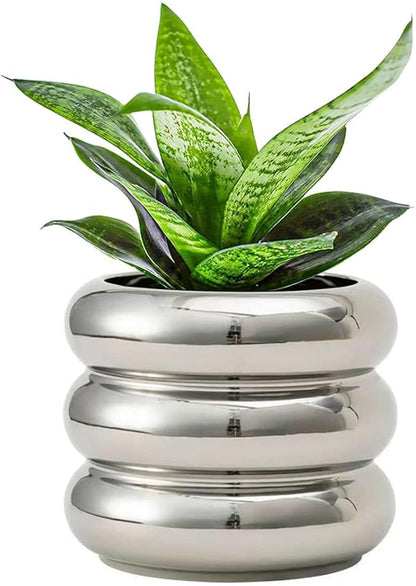 Ceramic Plant Pot Indoor, 4.5 Inch Flower Pot with Drainage Hole, Small Bubble Design Ceramic Planter for Home & Office Decor (Silver)