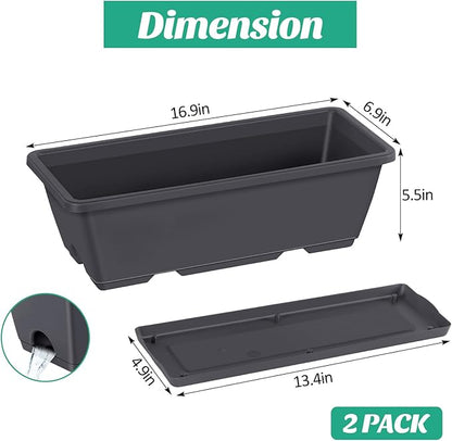CADUKE Railing Planter Boxes 2 Pack Railing Flower Box with Adjustable Bracket 17 Inch Window Boxes Rectangle Window Deck Hanging Planters Boxes for Outdoor Patio, Gray