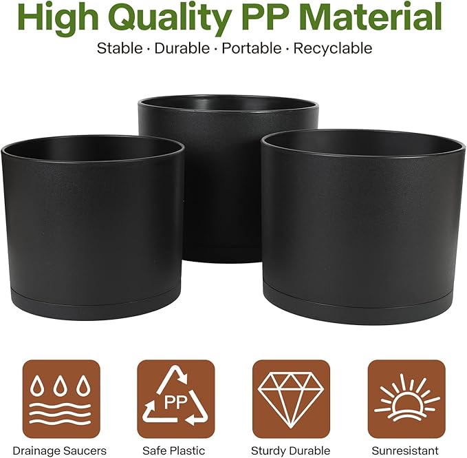 GARDIFE 10/9/8 Inch Modern Cylinder Planter, Plant Pots for Indoor Outdoor Plants, Flower Pots with Drainage Holes and Saucers for Garden Succulent Nursery House Plants (Black)