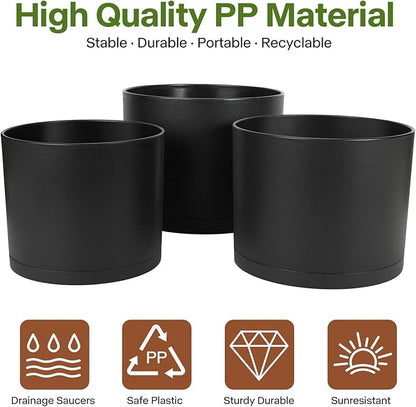 GARDIFE 10/9/8 Inch Modern Cylinder Planter, Plant Pots for Indoor Outdoor Plants, Flower Pots with Drainage Holes and Saucers for Garden Succulent Nursery House Plants (Black)