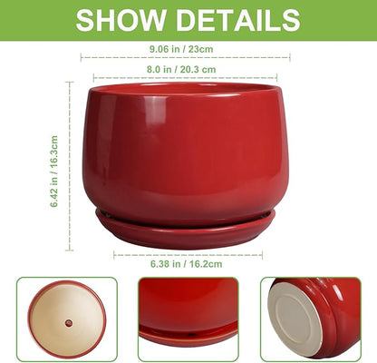 G EPGardening Ceramic Plant Pots - 9 Inch Flower pots for Indoor Outdoor Plant, Round Planter with Drainage and Saucer, Modern Home Decor, Gift for Women Men, Red