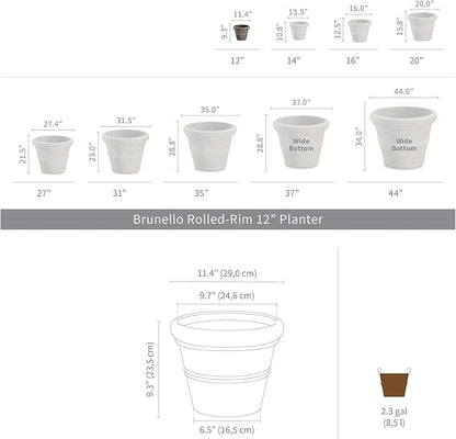 Crescent Garden Brunello Classic Rolled Rim Planter Pot, Indoor/Outdoor Weather-Safe Round Plant Pot, Small Plastic Houseplant Pot for Herbs, Succulents, Faux Plants - 12'' W (Parchment)