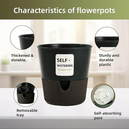 5/6.5/7.5 Inch Self Watering Pots for Indoor/Outdoor ,4 Pack plastic Planters for Indoor Plants with Drainage Holes and Saucers, Modern Decorative Flower Pot for Plants (Grey, 6.5-Inch, 4-Pack)