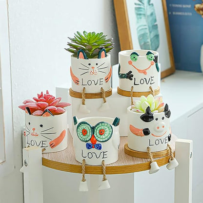 DIYOMR Smooth Glazed Ceramic Planter with Hanging Leg, Cute Cartoon Flower Plant Pots Drainage Hole Small Succulent Pots for Mini Flower Planters Cactus, Plants Not Include (Kitten)