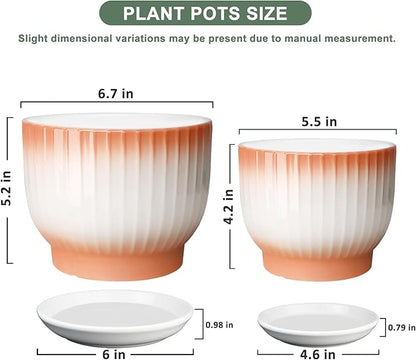 6.7 + 5.5 Inch Ceramic Plant Pots,Planters with Drainage and Saucer,Indoor Pots for Plants,Modern Flower Pots for Home and Office（Orange + White）