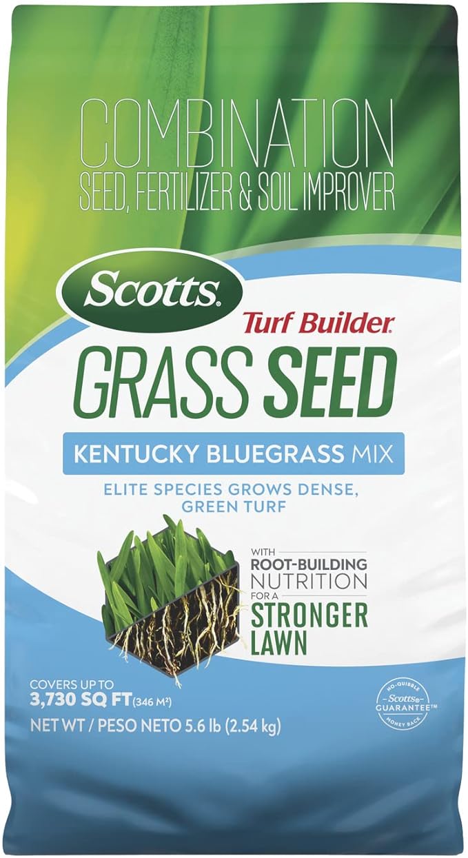 Scotts Turf Builder Grass Seed Kentucky Bluegrass Mix with Fertilizer and Soil Improver, Grows Dense, Green Turf, 5.6 lbs.