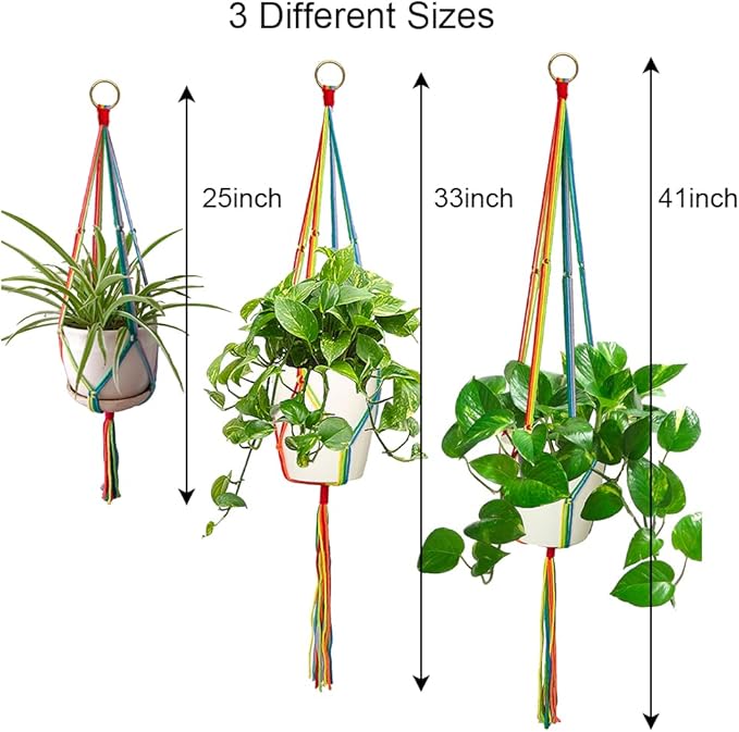 Rainbow Macrame Plant Hangers Indoor Outdoor, Different Size Flower Pot Holder Hanging Plant Holder for Windows Garden Boho Home Decor