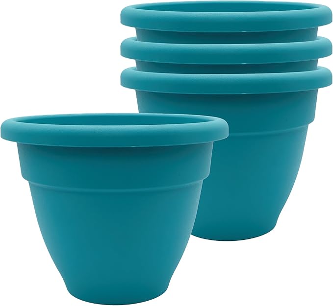 The HC Companies 8 Inch Caribbean Planter Pots with Drainage & Plug, Rolled Rim Plastic Planters for Indoor & Outdoor Plants, 4-Pack Decorative Flower Pots for Garden, Office & Home Decor, Dusty Teal