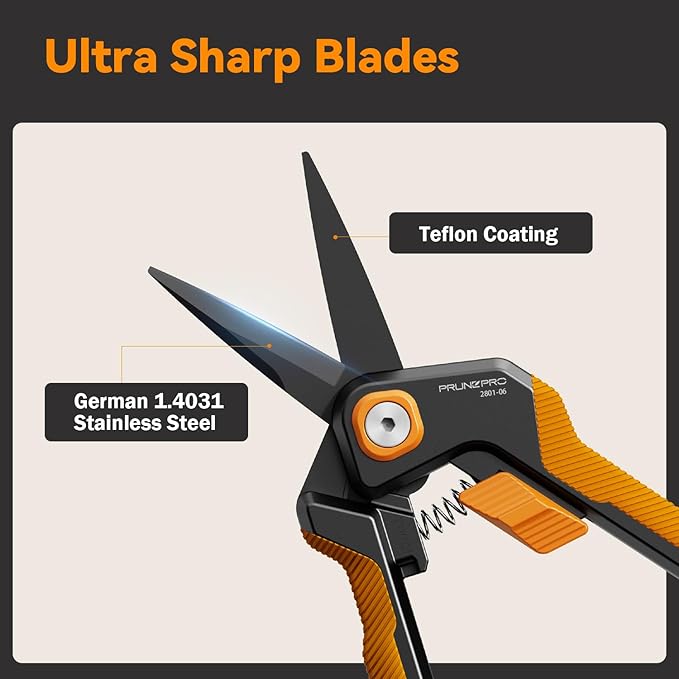 PrunePro Garden Scissors Pruning Shears Sharp Stainless Steel Non-Stick Teflon Coating Blade for Precise Cuts Garden Snip Bonsai Clippers for Plants Rose Flower Orange 2 Pack