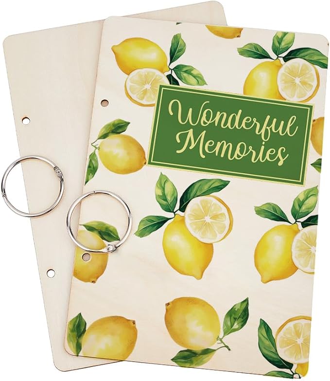 SUPERDANT Wonderful Memories Greeting Card Organizer Planning Book Binder Card Keeper Birthday Cards Holder Lemon Wooden Keeper Binder Photo Album 2-Rings Cover with Punch and 20pcs Inner Pockets