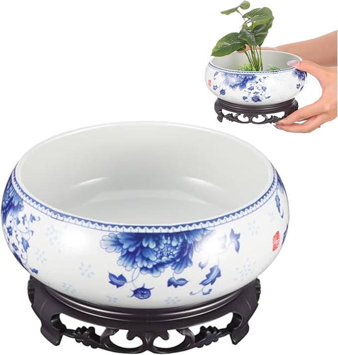 DOITOOL Ceramic Flowerpot Small Hydroponic Daffodil Pot with Base Indoor Bonsai Plant Container for Water Lily Lotus and Succulents 4.13X6.3X4.13 Inches