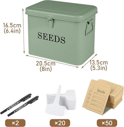 Seed Storage Organizer, T-Shape Compartment Seed Box with Safety Lock, Metal Seed Saving Box, Portable Seed Bin Container with Handle, Including 2 Pens 20 Plant Labels 50 Seed Envelopes-Green