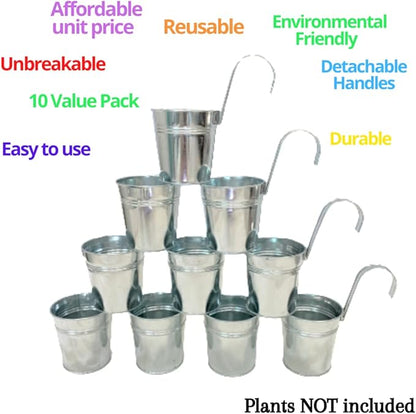 LaLaGreen Fence Planters for Outdoor Plants (10 Pack, 4 Inch) Balcony Planter Railing Hanging, Small Silver Metal Flower Pot Rail Wall Cute Farmhouse Garden Rustic Deck Porch Window Box Bucket Decor