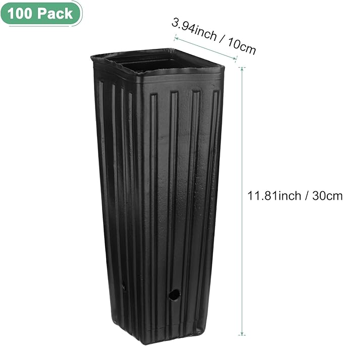 100-Pack Plant Nursery Pots, 3.94x3.94x11.81 Inch Plastic Deep Growing Nursery Pots Succulent Planter Flower Tree pots with Drainage Holes for Indoor Outdoor Gardening [Black]