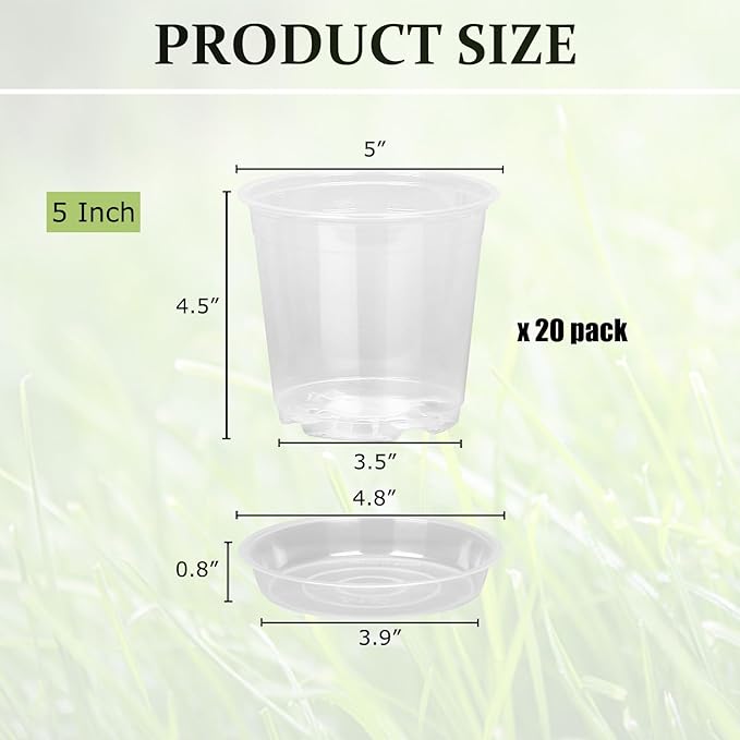 20 Pack 5 Inch Clear Nursery Pots with Drainage and Saucer, Clear Plastic Planter Pots for Plants, Flexible Seed Starting Pots for Succulents, Small Herbs, Annual Flowers (5 Inch)