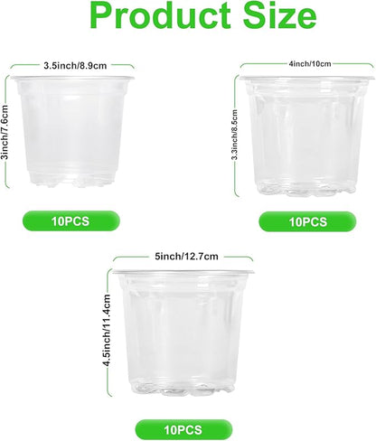 JERIA 30 Pack 5/4/3.5 Inch Clear Nursery Pots with Drainage Holes, Clear Plant Pot for Planting, Transparent Plastic Plant Pots,Durable Seed Starting Pot for Succulents
