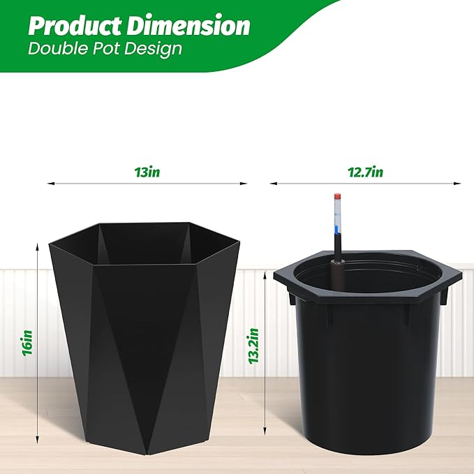 GarveeLife 16 Inch Tall Planters Set of 2, Outdoor Planters Self Watering Plant Pots with Water Level Monitor, Multiple Drainage Holes, Flower Pots for Patio, Porch, Living Room, or Home Office, Black