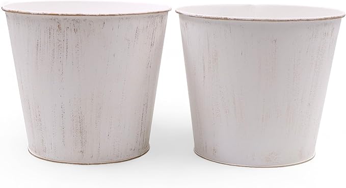 Hosley Set of 2 White Bucket/Pots with PVC Liner, 6.5" Dia x 6" H Ideal Gift for Floral Arrangements Wedding Home Office Party DIY Indoor Outdoor Garden Patio