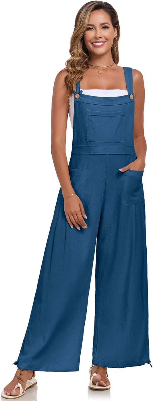 ALSOGO Womens Wide Leg Overalls Loose Beach Vacation Outfits Jumpsuits 2025 Causal Sleeveless Rompers with Pockets