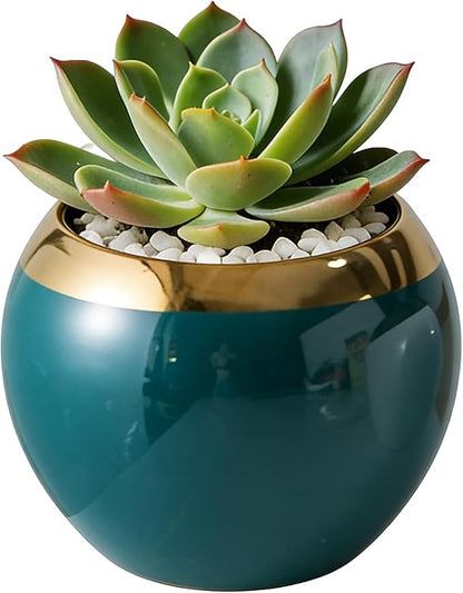Green Gold Spherical Ceramic Plant Pots Succulent Small Plant Pot Indoor Modern Decorative Indoor-Outdoor Garden Plant Pots with Drainage Holes - Plants Not Included 3.94 x 3.94 x 3.15 Inch
