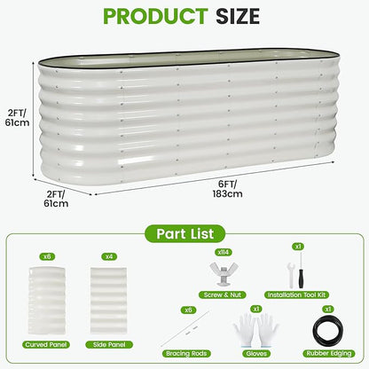 Galvanized Raised Garden Bed Outdoor 24'' Deep | Oval Metal Garden Beds with Easy Assembly & Planter Box for Planting Deep Root Vegetables Fruits Flowers, 6x2x2ft White