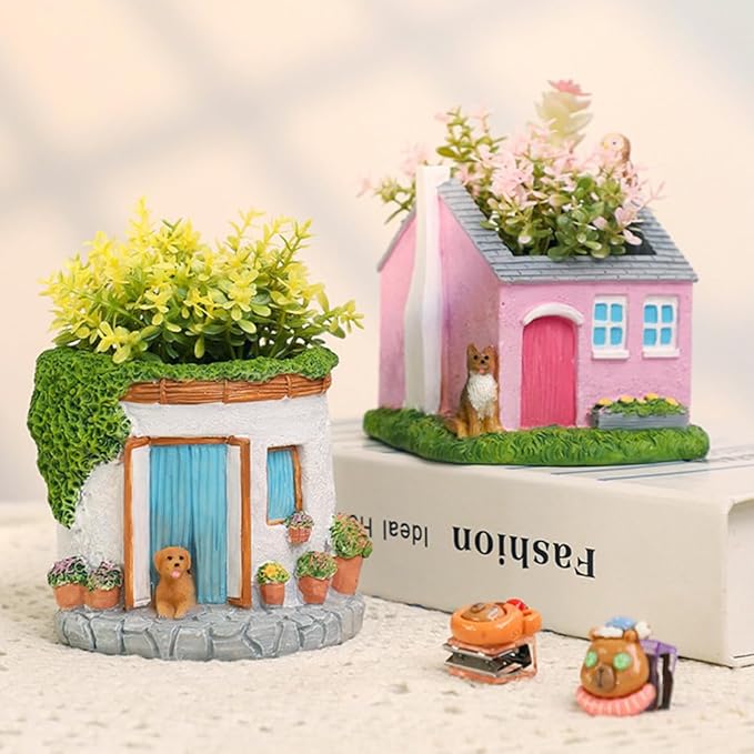 Creative Garden House Plants Flower Pot with Drainage Holes,Cute Dog Succulent Plant Pot Decorated Desk,Garden,Living Room (Red House)