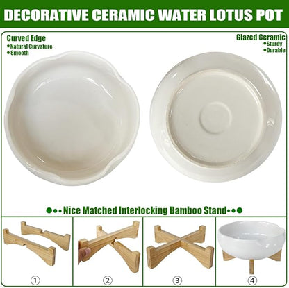 MUZHI White Ceramic Water Lotus Bowl Planter Pot with Bamboo Stand 7.8”, Lotus Shape Hydroponic Water Lily Flower Pot Planter No Drainage Hole