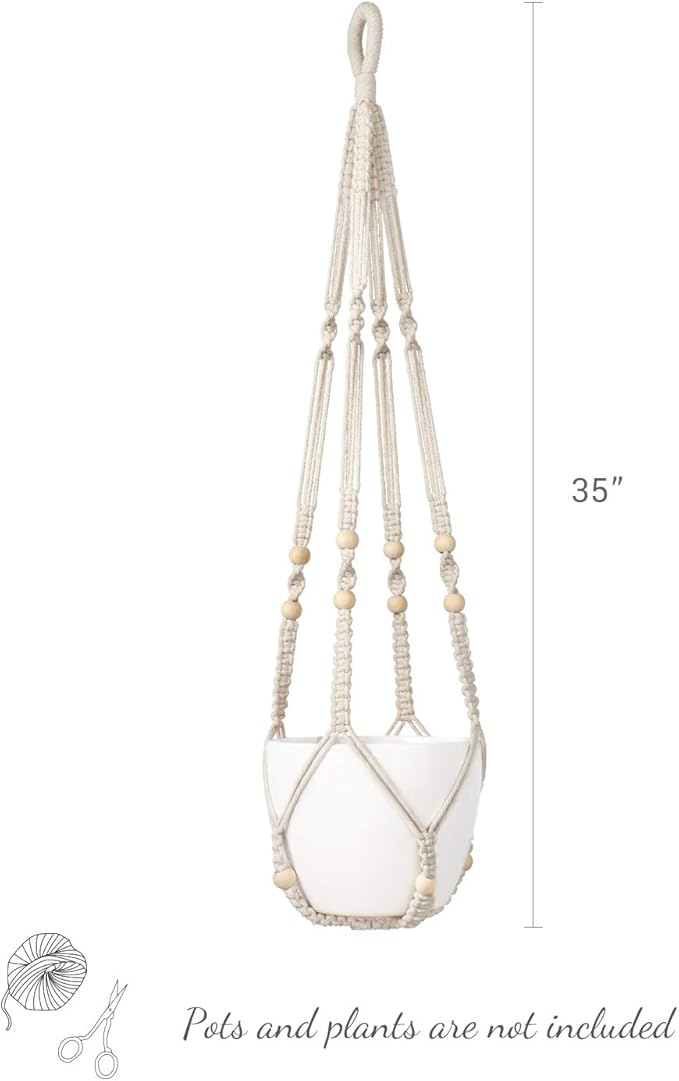 Mkono Set of 2 Macrame Plant Hanger 35 Inch and 43 Inch Indoor Hanging Planter Basket with Wood Beads Decorative Flower Pot Holder No Tassels, Ivory (POTS NOT Included)