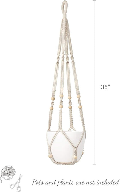Mkono Set of 2 Macrame Plant Hanger 35 Inch and 43 Inch Indoor Hanging Planter Basket with Wood Beads Decorative Flower Pot Holder No Tassels, Ivory (POTS NOT Included)