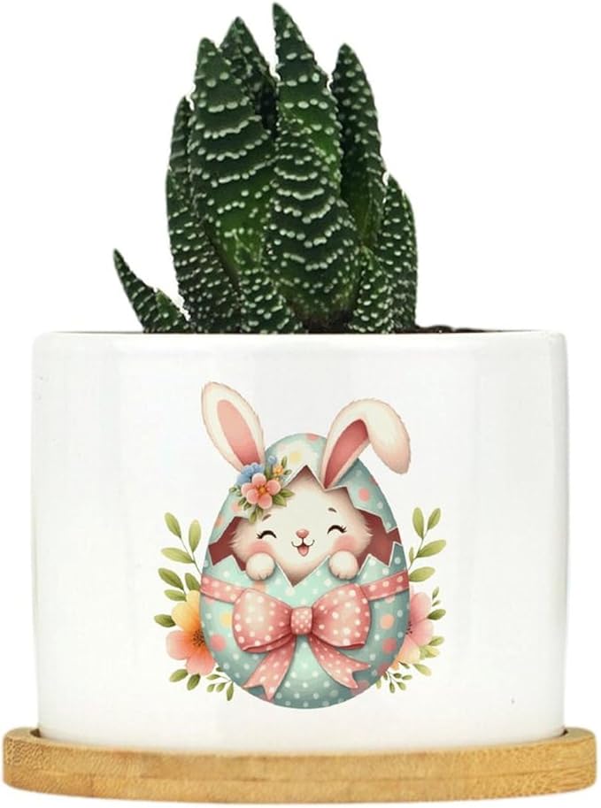 DreamAutumn Easter Bunny Peeking Ceramic Pots for Plants with Drainage Holes Round Flower Pot Bamboo Tray Orchid Pot Succulents Pots for Outdoor Indoor Plants