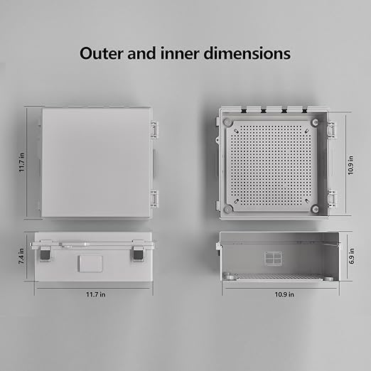 ABS Electrical Junction Box, Ventilated Design, Cable Grommets, IP65 Waterproof Enclosure, Indoor/Outdoor Use with Mounting Panel. (Grey Cover, 11.9"x11.9"x7")