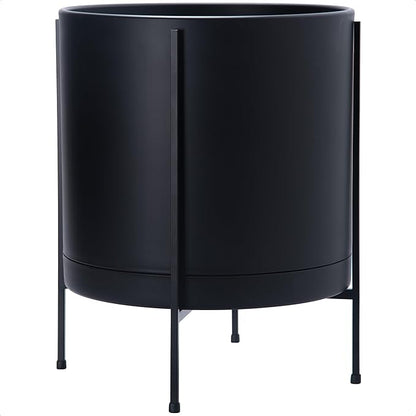 D'vine Dev 16 Inch Black Planter Pot with Stand – Modern Plastic Cylinder Flower Pot with Heavy-Duty Metal Stand for Indoor Plants, 55-D-B-5