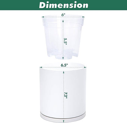 D'vine Dev Double-Layer Planter Set – Rotating Plastic Cachepot with Clear Inner Liner for Root Health, Perfect for Indoor Plants, 6.5", White, 73-U-A-2