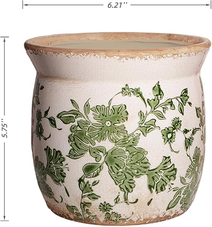 Vintage Farmhouse Ceramic Planter & Kitchen Utensil Holder - 6.21 Inch Tuscan Rustic Plant Pot with Drainage for Indoor/Outdoor Use, Garden & Home Decor, Unique Gift (Green Leaf)