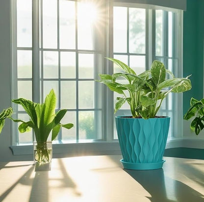 4 Inch Plant Pots, 6 Pack Indoor Flower Pots, Planters with Drainage Holes and Trays for Orchids, Violets, Succulents, Herbs, and Other Plants,Blue-Green