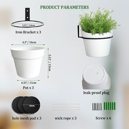 3 Set Hanging Planters Self Watering Plant Hangers for Indoor Outdoor Plants 6.3 Inch Wall Amount Flower Pots Basket with Drainage Hole DIY Room Patio Yard Decor(White)