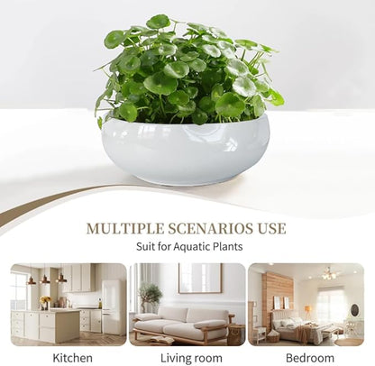 MUZHI White Ceramic Water Lotus Bowl Planter Pot with Bamboo Stand 7.8”, Lotus Shape Hydroponic Water Lily Flower Pot Planter No Drainage Hole