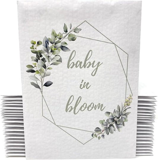 Baby in Bloom Seed Packet Favors Pre Filled with Wildflower Seeds -Baby Shower Party Favors for Guests, Thank You Gift or Present for Girl or Boy -Sage Green, White Floral Decorations -Bulk Pack of 20