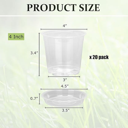 20 Pack 4 Inch Clear Nursery Pots with Drainage and Saucer, Clear Plastic Planter Pots for Plants, Flexible Seed Starting Pots for Succulents, Small Herbs, Annual Flowers (4 Inch)