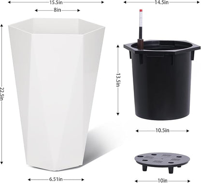 GarveeLife 22.5 in Tall Diamond Planters Set of 2, Self Watering Planters with Water Level Monitor, Flower Pots Outdoor and Indoor for Patio, Porch, Living Room, Home Office, White
