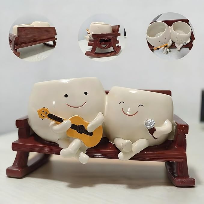 Smiley Face Planter Pot, Cute Funny Heart Rocking Chair Double Head Face Planter Pot with Unique Guitar and Microphone for Indoor Outdoor, Succulent Flower Pots with Drainage Hole ﻿